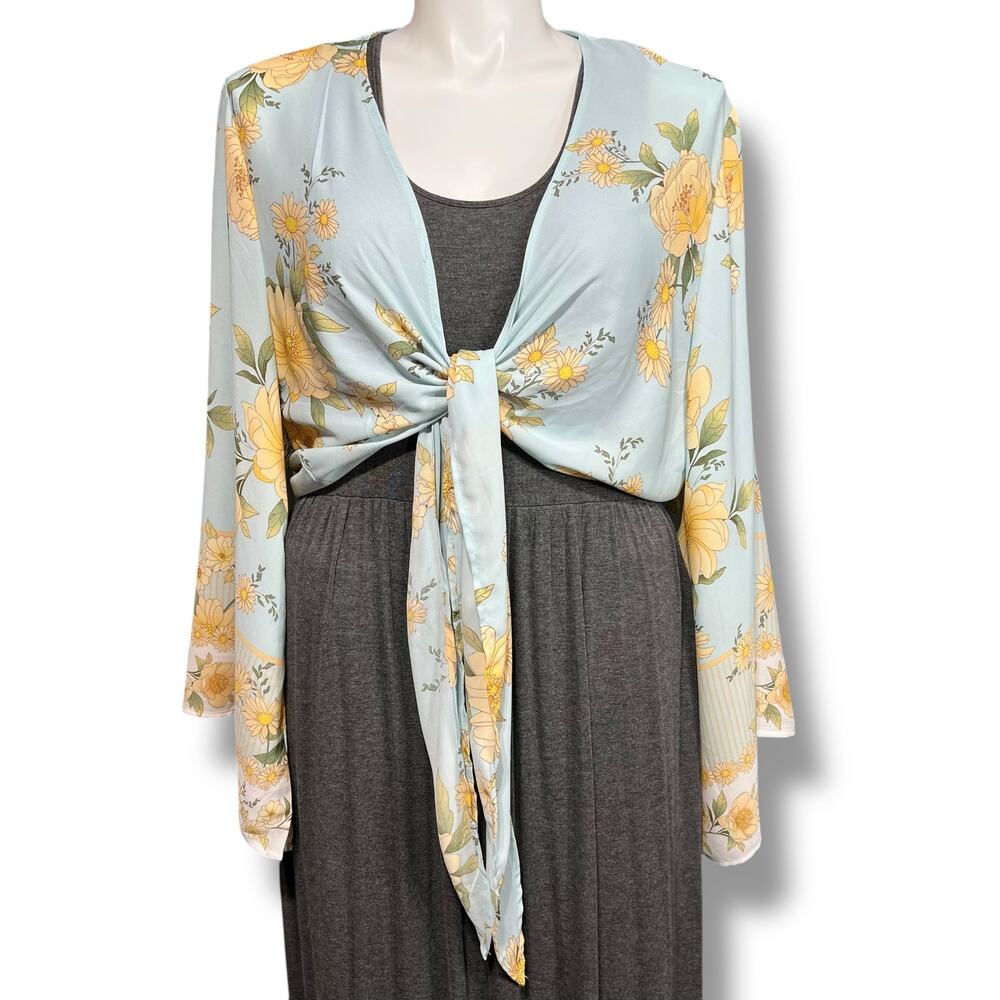 Rue+ Womens Bolero Shrug Crop Tie Front Kimono Sleeve Floral Yellow Blue 3X
